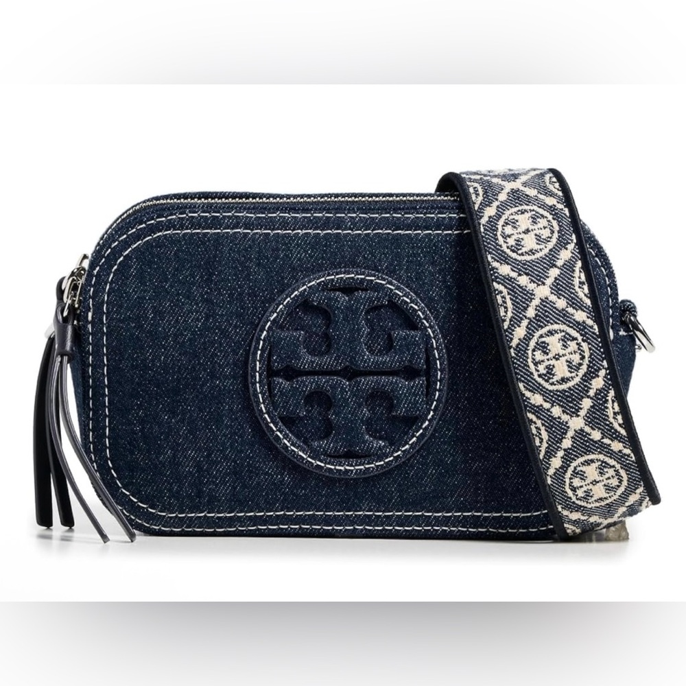 Tory Burch Denim Camera Crossbody Bag with Signature Strap - Navy